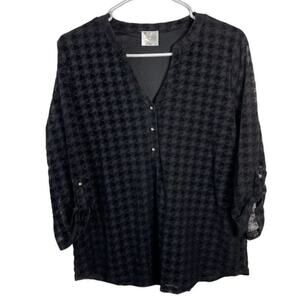 Houndstoothe Top Womens Medium Black Career Blouse Long Sleeve Classic Shirt